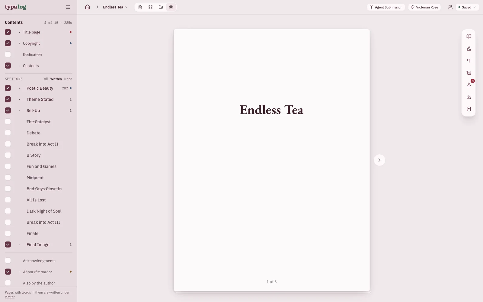 Compile view for Endless Tea: the contents list with chapters checked and the title page — Endless Tea.