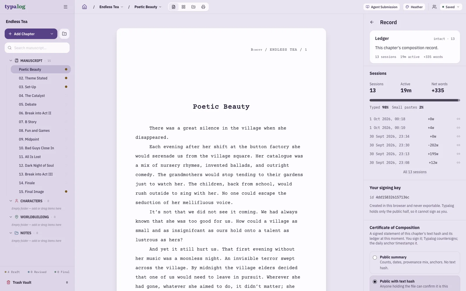 Chapter 1 of Endless Tea, Poetic Beauty, with the Record open: this chapter's ledger, its sessions with the words each one added, the active time and net words, the provenance mix, the signing key id, and the Certificate of Composition form.